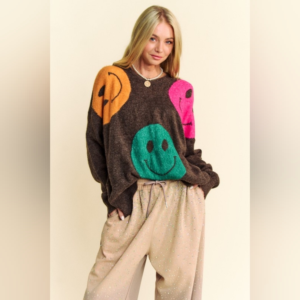 DAVI & DANI Knit Smiley Face Contrast Long Sleeve Oversized Pullover Sweater Top - Picture 9 of 16